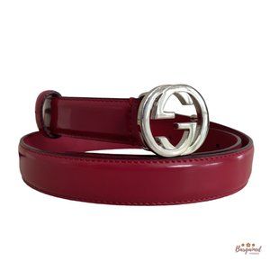 Authentic Gucci Red Calfskin Leather Silver Interlocking G Buckle Belt 80/32
